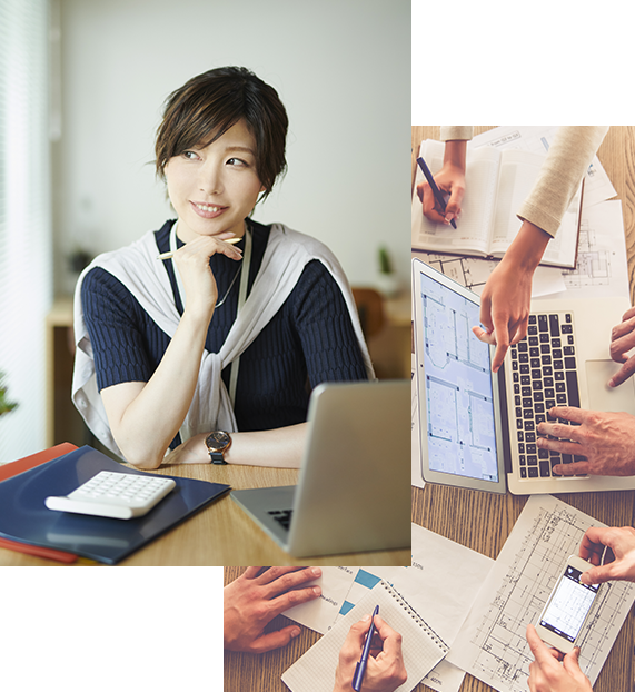 Professional woman in an office setting with a laptop and calculator, collaborating on digital marketing strategies with hands reviewing plans and data on a tablet and papers.